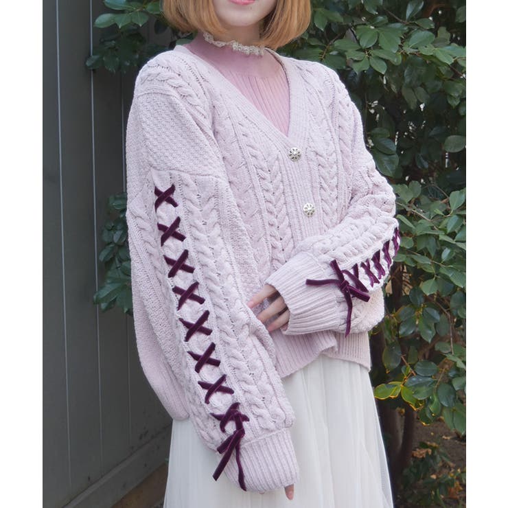 淡ピンク | レースアップモールヤーンカーディガン | axes femme