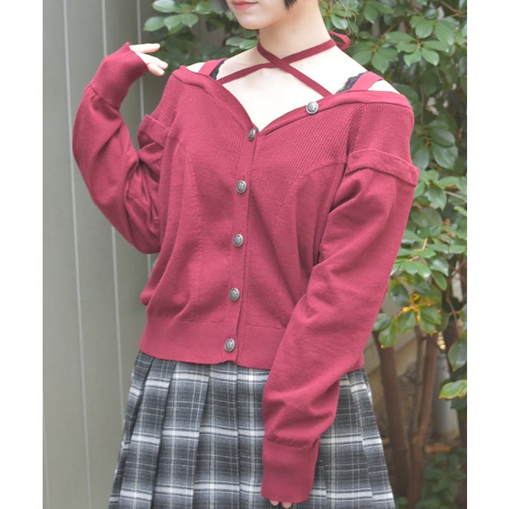 ワイン | オフショル風ニットカーディガン | axes femme