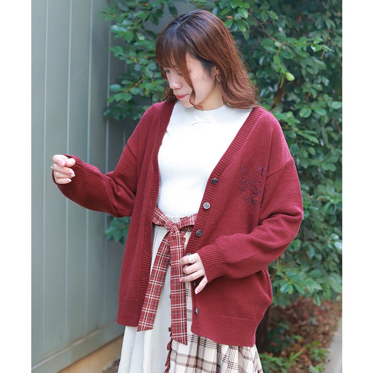 ワイン | 蝶刺繍ロングニットカーディガン | axes femme