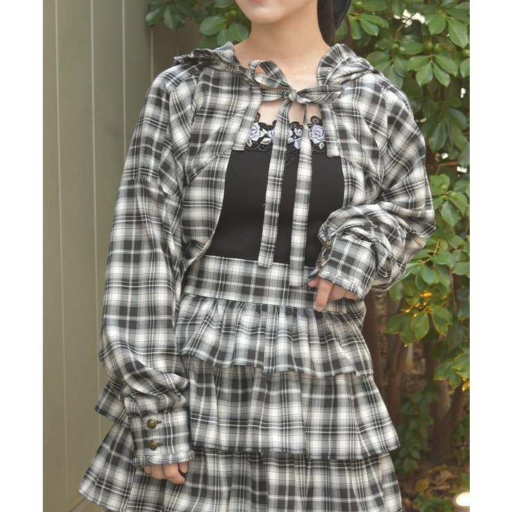 黒 | フーディショートチェックブラウス | axes femme