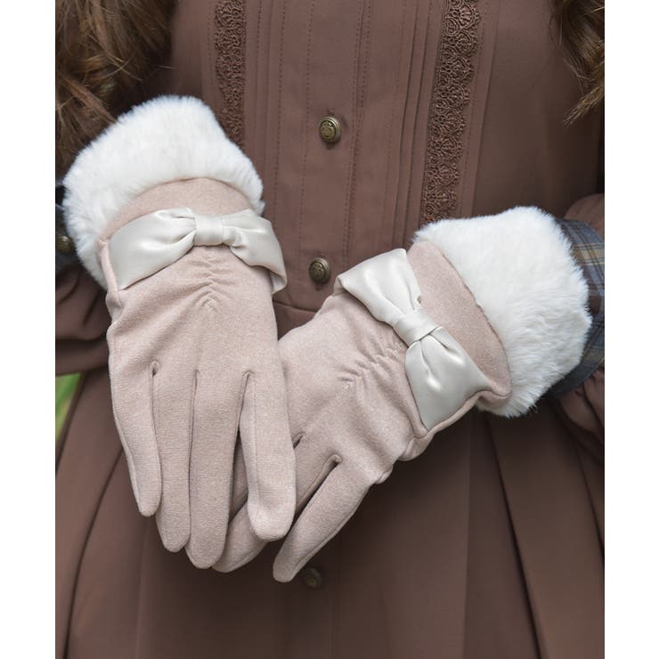 配色サテンリボンファー手袋 | axes femme | 詳細画像1 