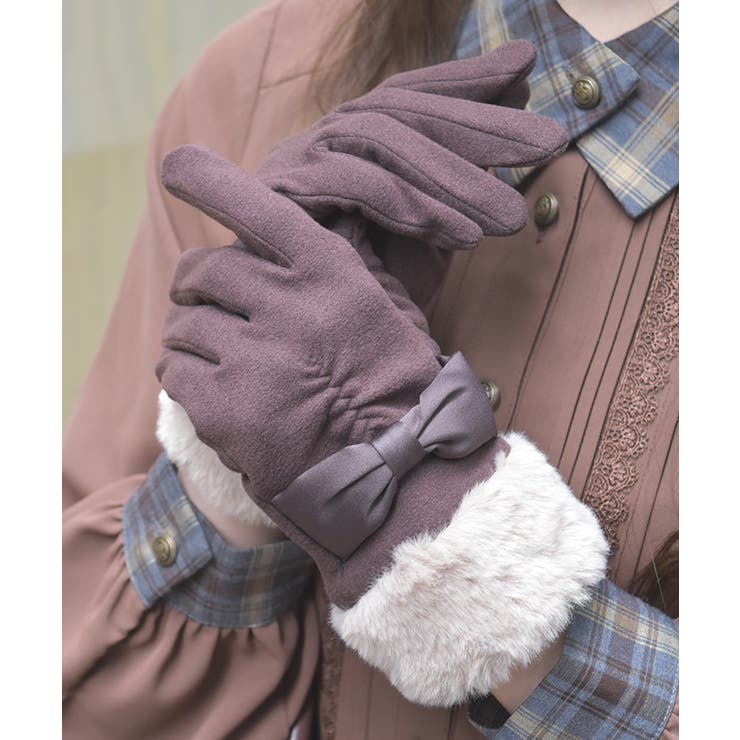 茶 | 配色サテンリボンファー手袋 | axes femme