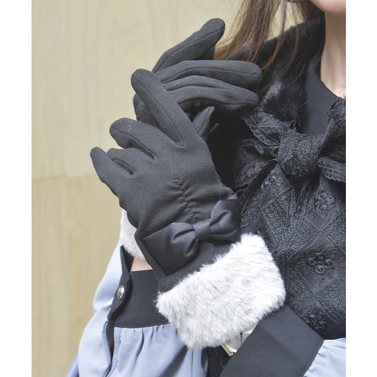 黒 | 配色サテンリボンファー手袋 | axes femme