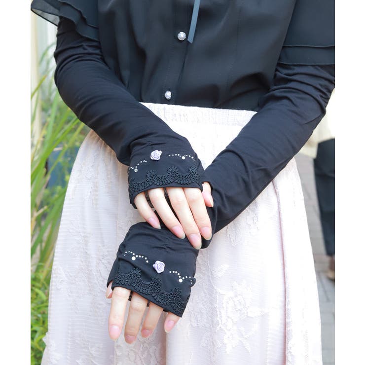 黒 | 巻バラビジューＵＶロング手袋 | axes femme