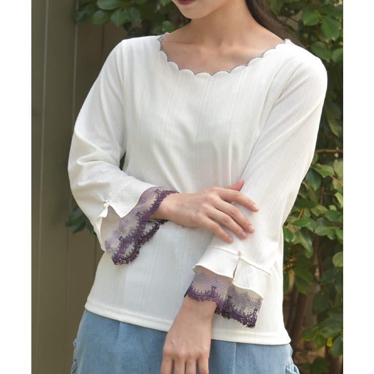 白 | カラー刺繍チュールレースプルオーバー | axes femme