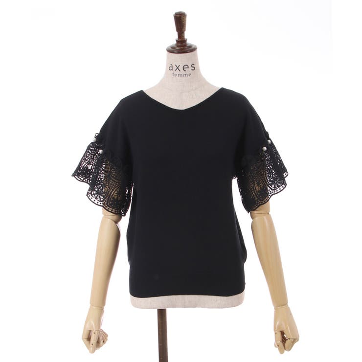 黒 | 袖レース半袖ニットプルオーバー | axes femme