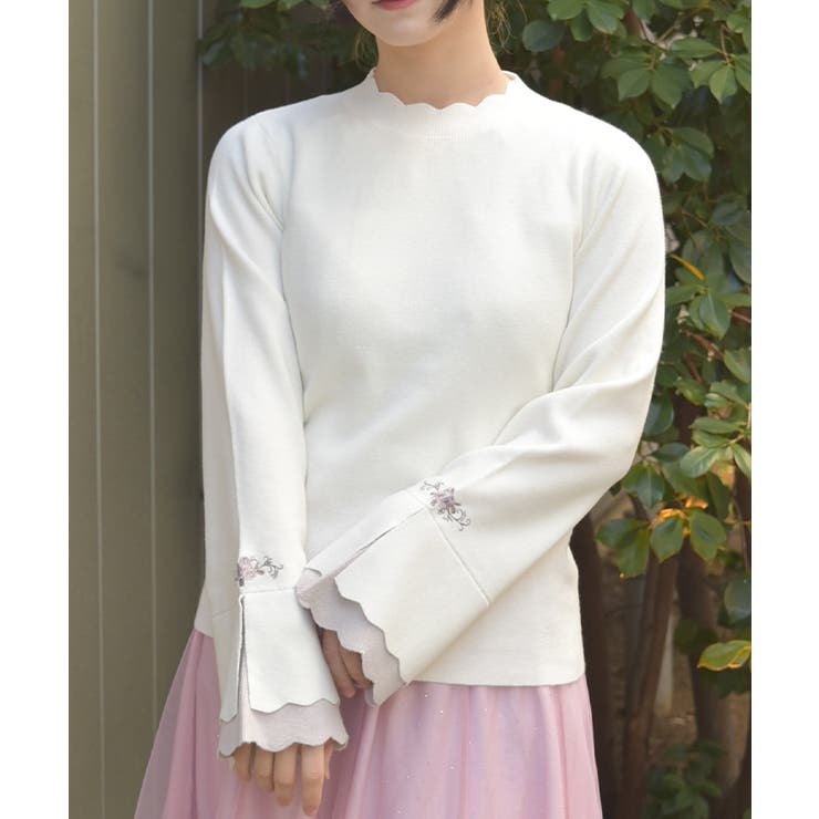 ローズ刺繍フレア袖配色ニット | axes femme | 詳細画像1 