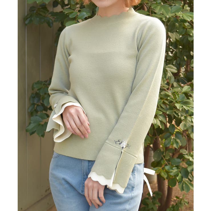 グリーン | ローズ刺繍フレア袖配色ニット | axes femme