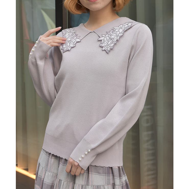 ラベンダー | フラワー刺繍セーラー襟ニット | axes femme