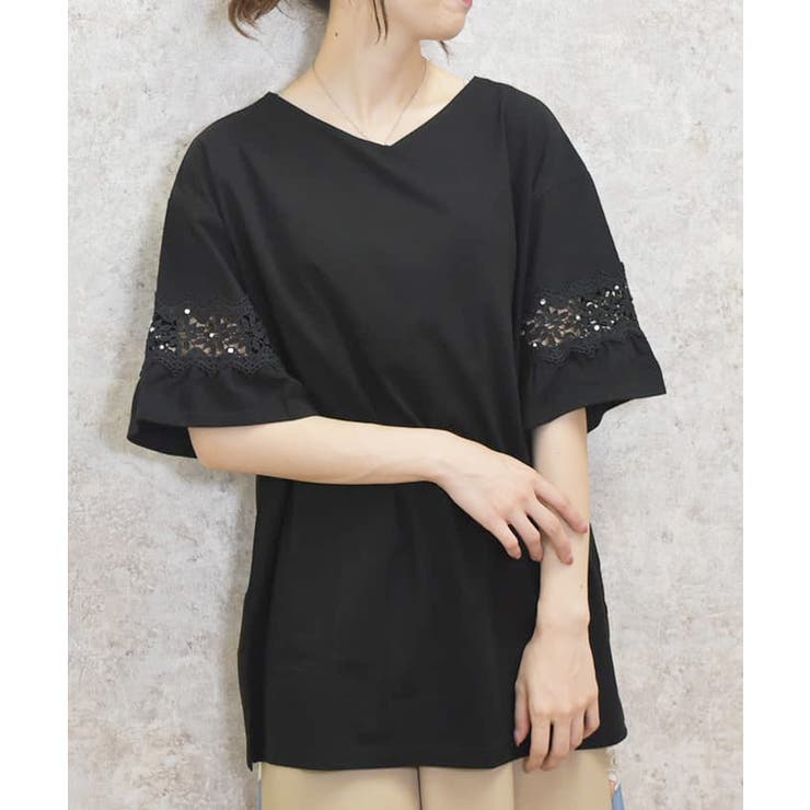 黒 | 袖レース切替ロングカットプルオーバー | axes femme