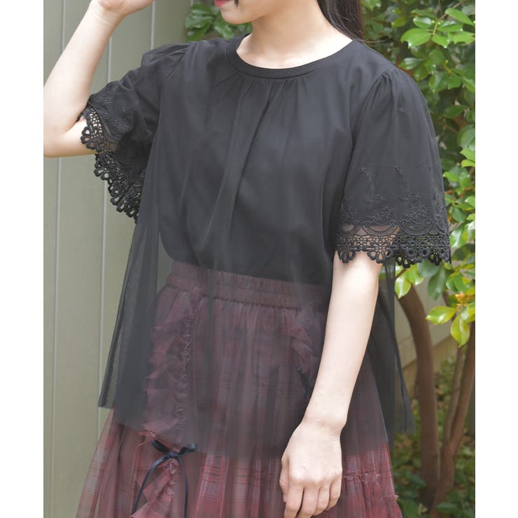 黒 | レース重ね袖チュールプルオーバー | axes femme