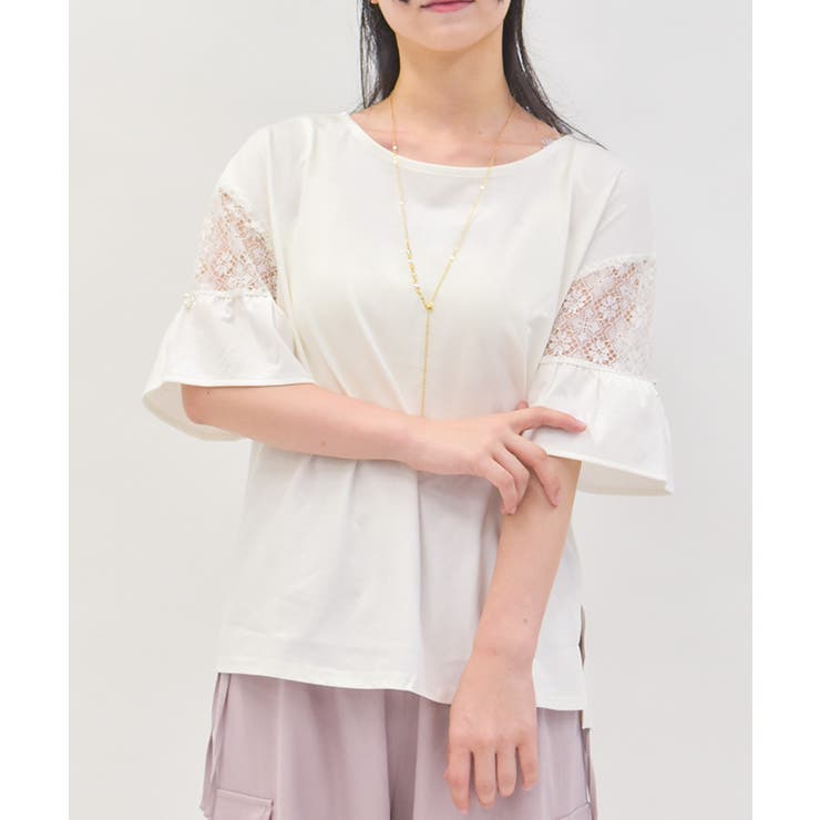 白 | 接触冷感レース切替袖プルオーバー | axes femme