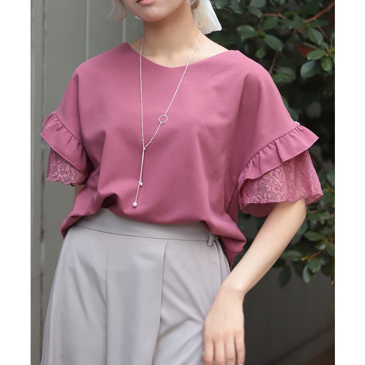 ピンク | ネックレス付カットジョーゼットプルオーバー | axes femme