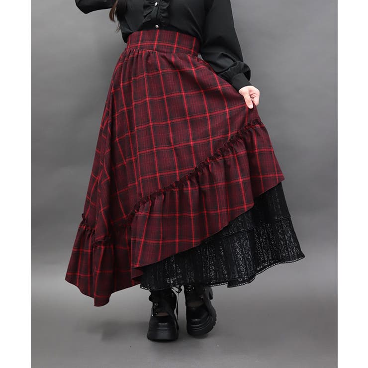 ワイン | チェックアシメフリルスカート | axes femme