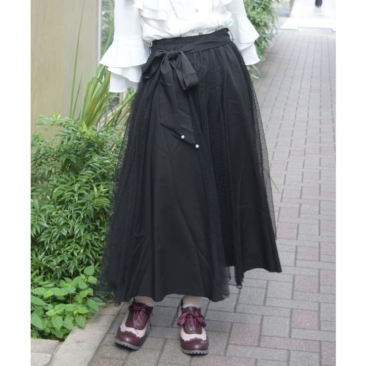 黒 | ドットチュール切替フレアスカート | axes femme