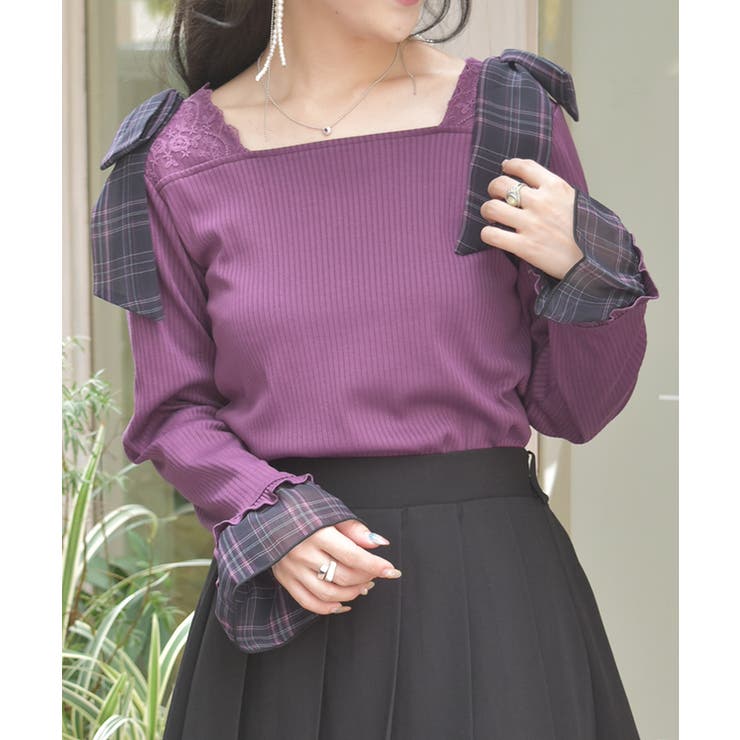 チェック柄シフォンリボンプルオーバー | axes femme | 詳細画像1 