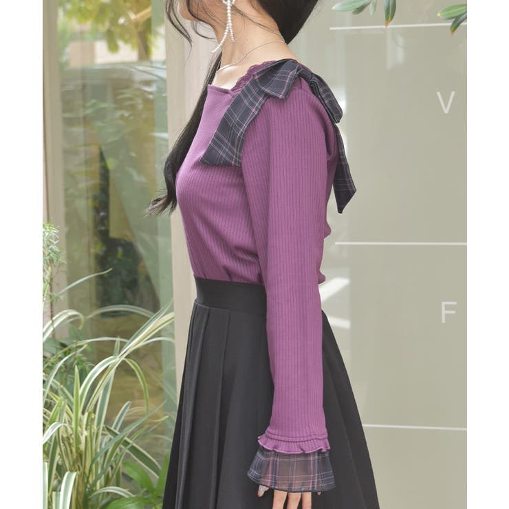 チェック柄シフォンリボンプルオーバー | axes femme | 詳細画像2 