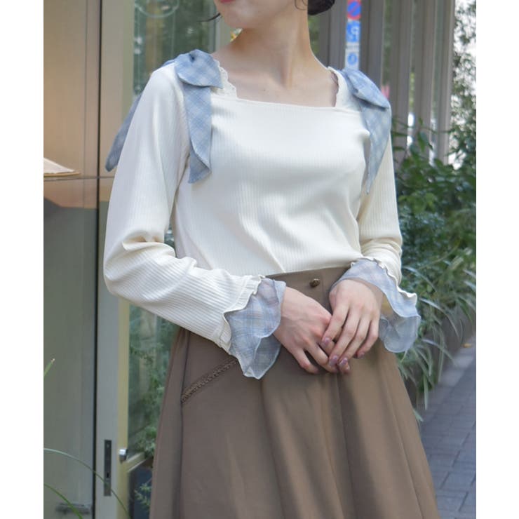 生成り | チェック柄シフォンリボンプルオーバー | axes femme