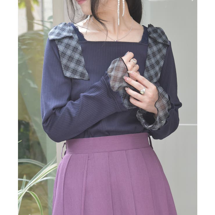 紺 | チェック柄シフォンリボンプルオーバー | axes femme
