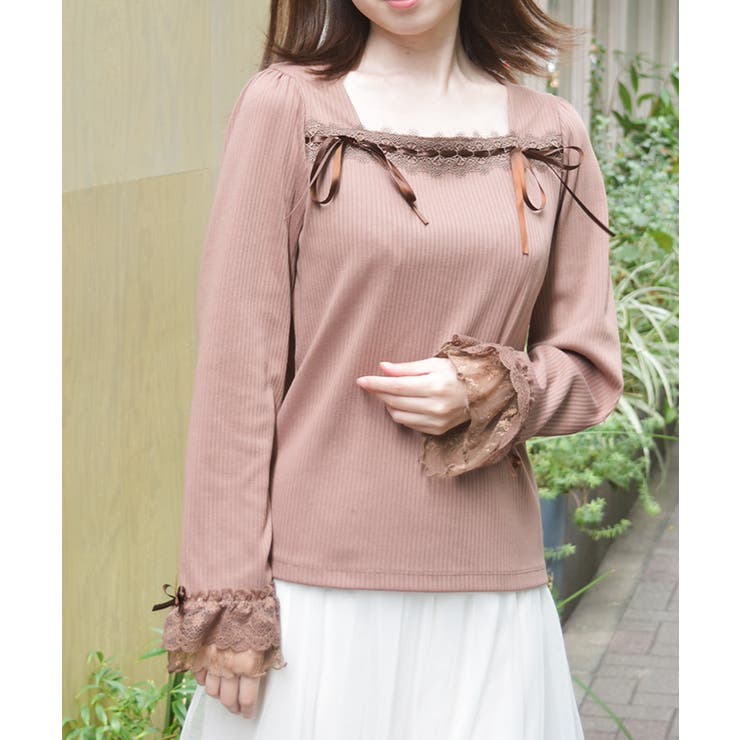 モカ | リボン付スクエアネックプルオーバー | axes femme