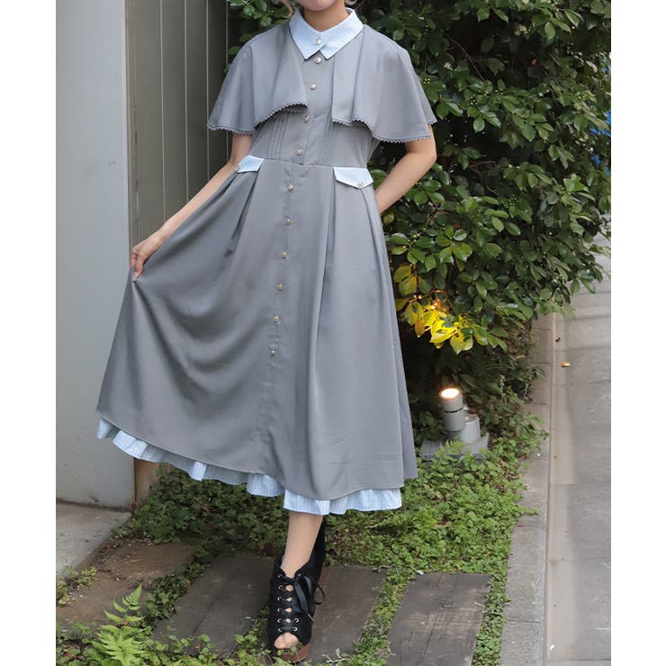 グレー | ケープ付きバイカラーワンピース | axes femme