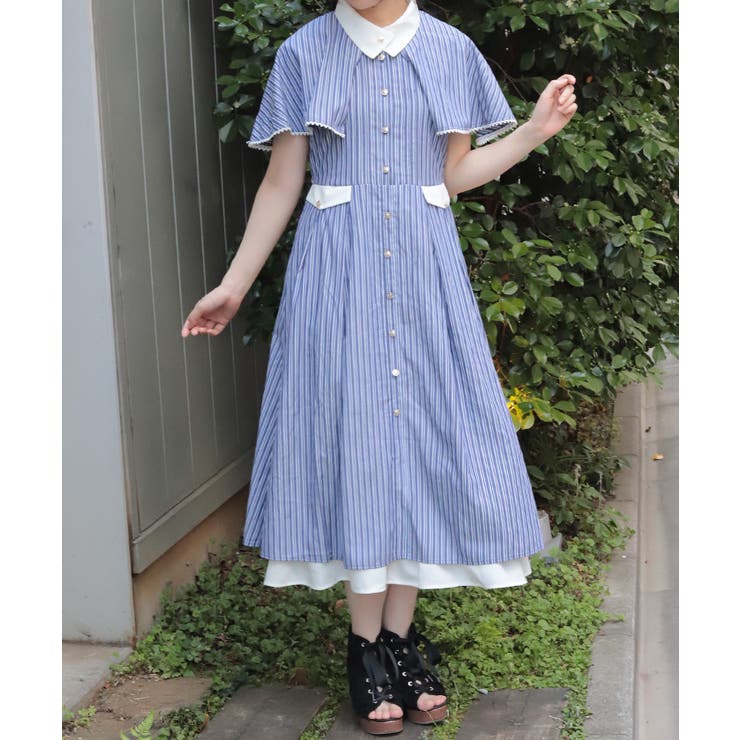 紺 | ケープ付きバイカラーワンピース | axes femme