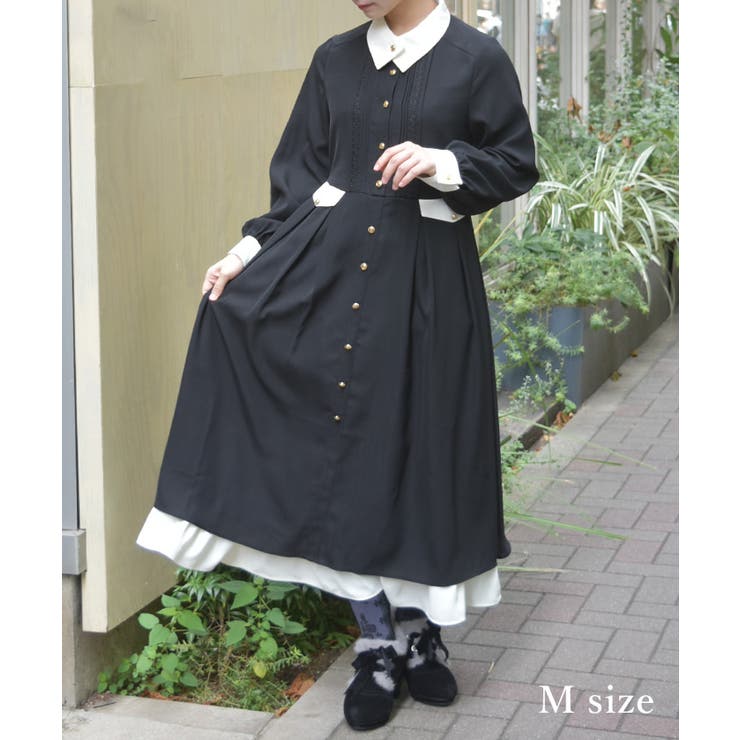 黒 | 襟デザイン連釦バイカラーワンピース | axes femme