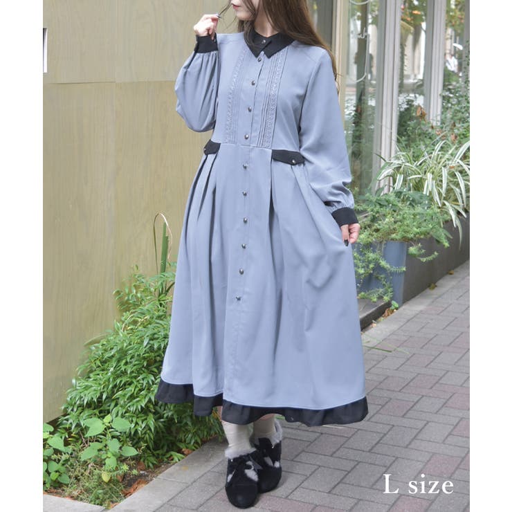 襟デザイン連釦バイカラーワンピース[品番：IGAW0006962]｜axes