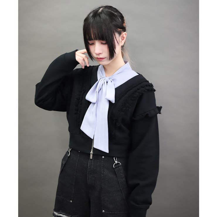 黒 | ダメージフリル裏毛カットカーディガン | axes femme