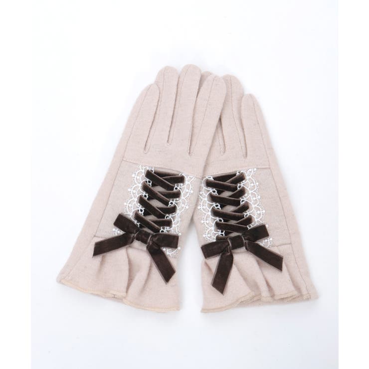 ベージュ | ベロアリボンレースアップ手袋 | axes femme