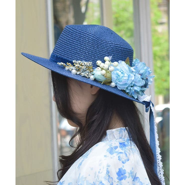 アソートフラワーカンカン帽　紺　アクシーズファム アソートフラワーカンカン帽[品番：IGAW0006353]｜axes femme