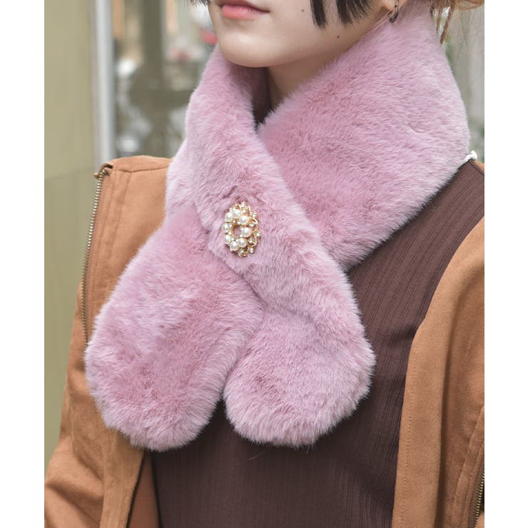 ピンク | ブローチ付きファーティペット | axes femme