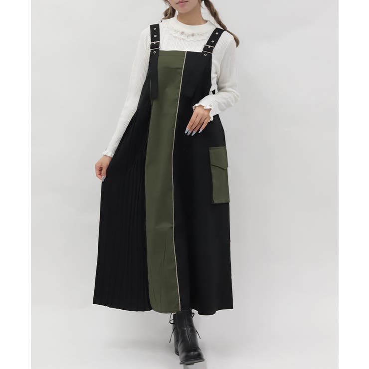 カーキ | 切替ブロッキングジャンパースカート | axes femme