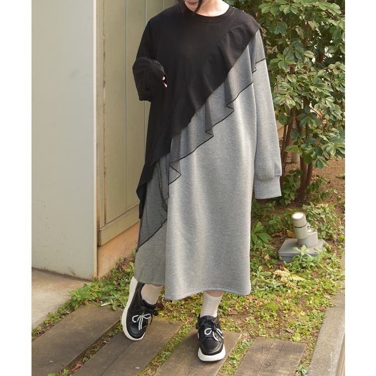 黒 | アシメフリルバイカラーワンピース | axes femme