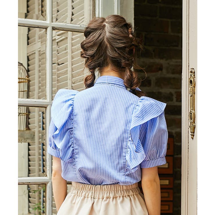 新品✨パトゥ PATOU ロゴ刺繍 ボウタイリボン ストライプシャツブラウス40 ロゴ刺繍ボウタイブラウス[品番：IGAW0003835]｜axes femme