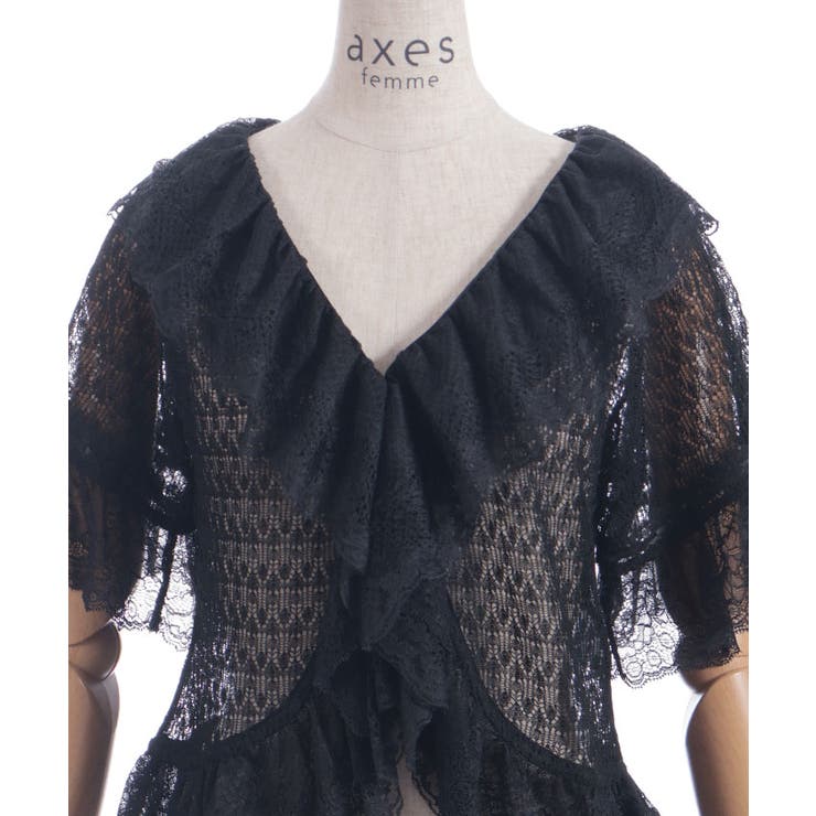 axes femme アクシーズファム　レース　フリル　ポンチョ　コート　黒 リボン付レースフリルコート | outlet | axes femme online shop