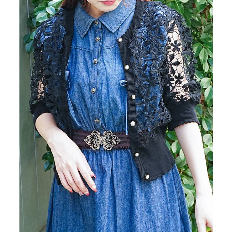 黒 | フラワーレース半袖ニットカーディガン | axes femme