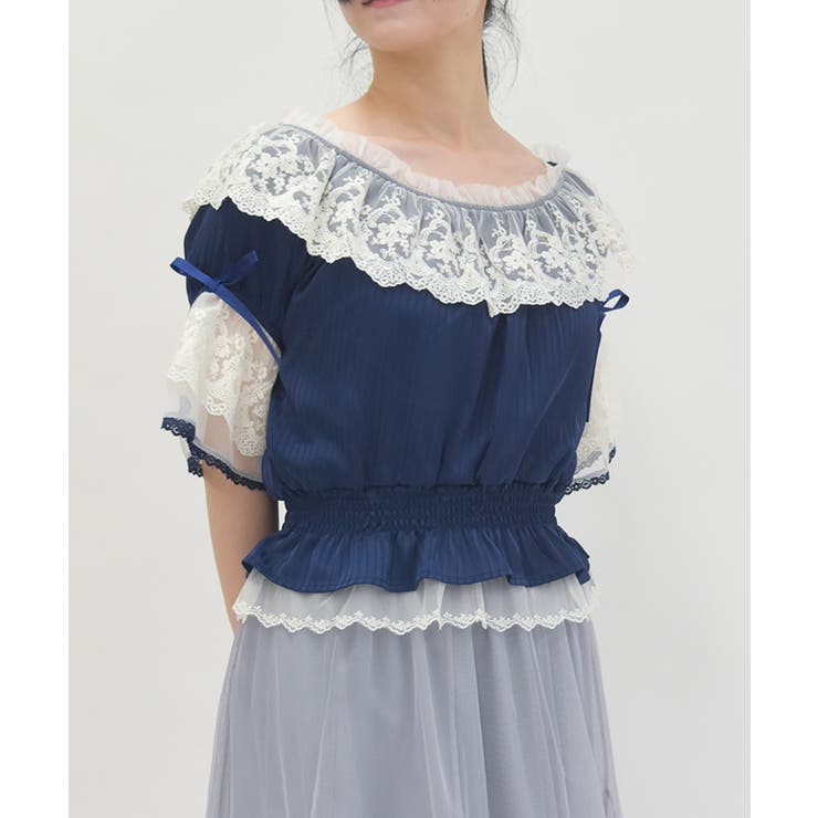 紺 | シアストライプ×レースプルオーバー | axes femme