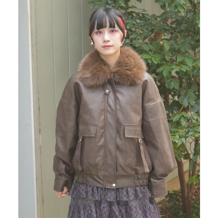 アクシーズファム　y2k ギャル　フリル　ブラウン　レザー　ショートジャケット ファー付合成皮革ブルゾン[品番：IGAW0006975]｜axes femme