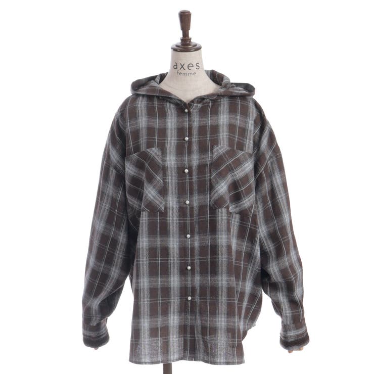 茶 | フード付きチェック柄シャツ | axes femme