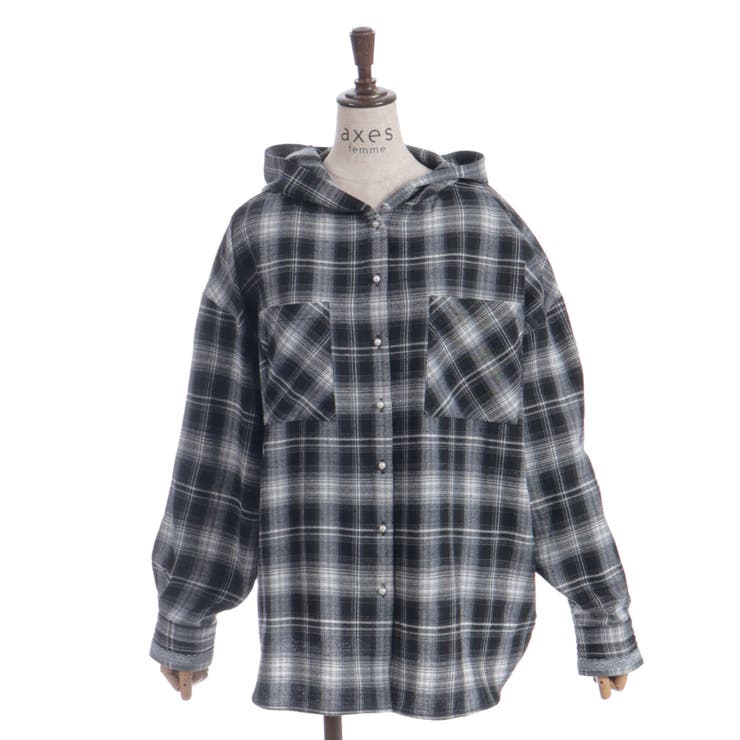黒 | フード付きチェック柄シャツ | axes femme
