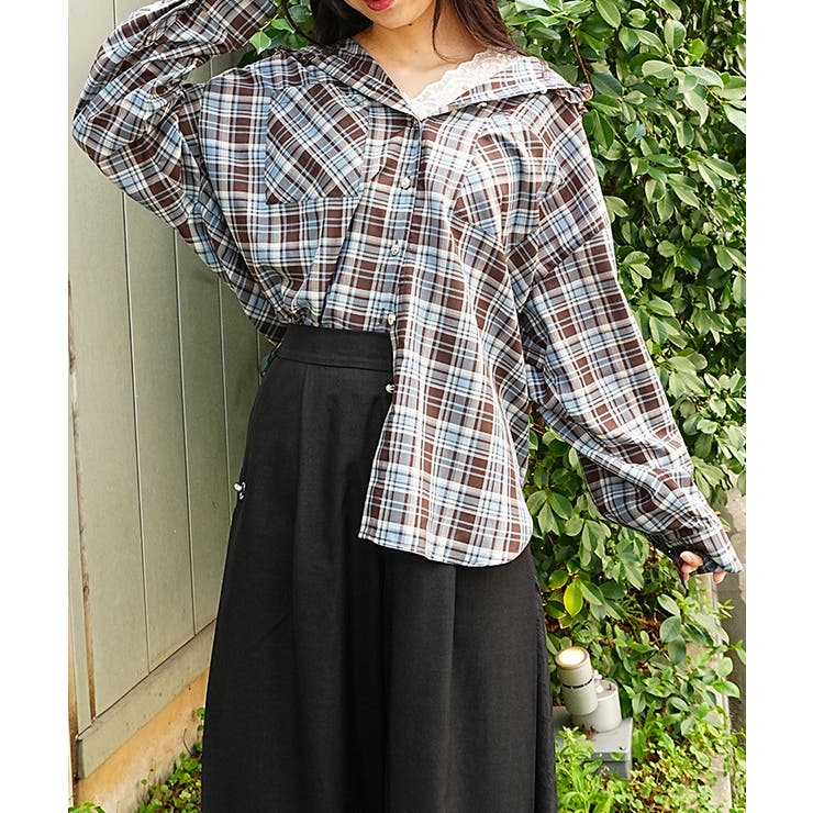 サックス | フード付シアーチェックシャツ | axes femme