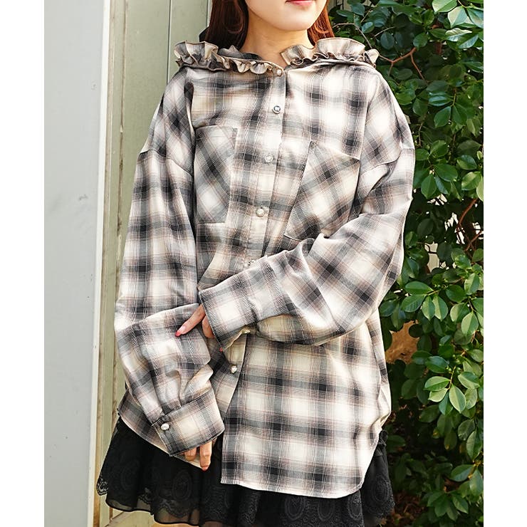 ベージュ | フード付シアーチェックシャツ | axes femme