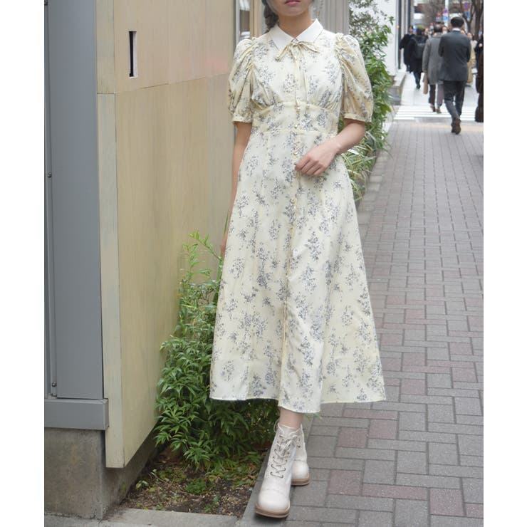 イエロー | フラワー柄ハイウエストワンピース | axes femme