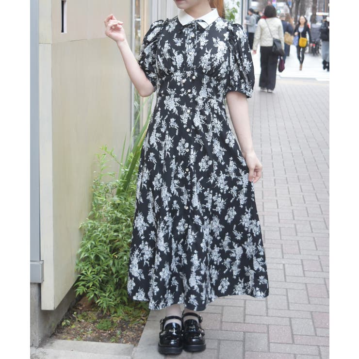 黒 | フラワー柄ハイウエストワンピース | axes femme
