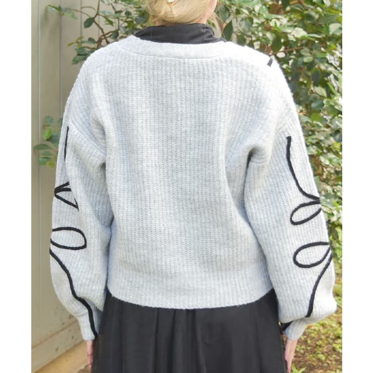 リボンテープ風刺繍ニットカーディガン[品番：IGAW0005763