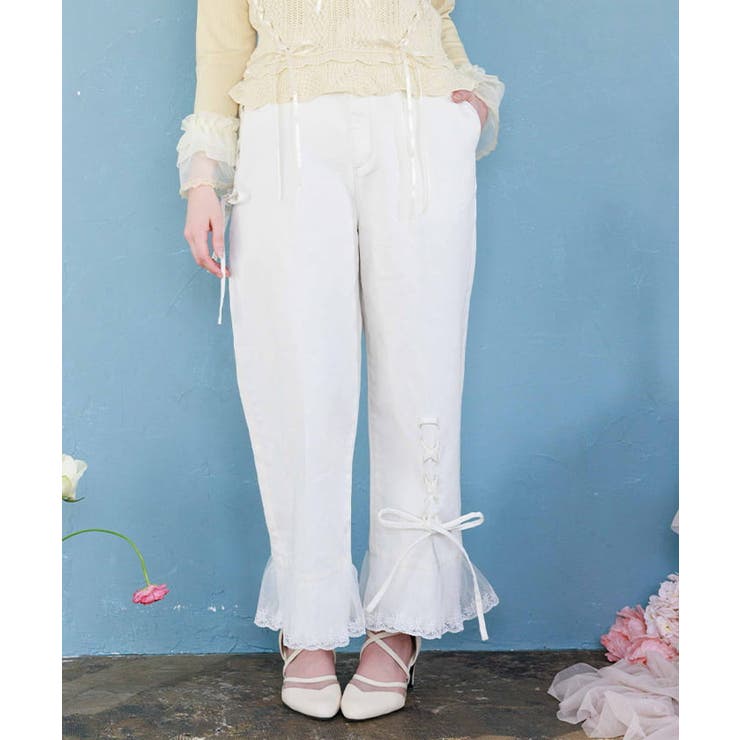 白 | 裾レースストレートデニムパンツ | axes femme