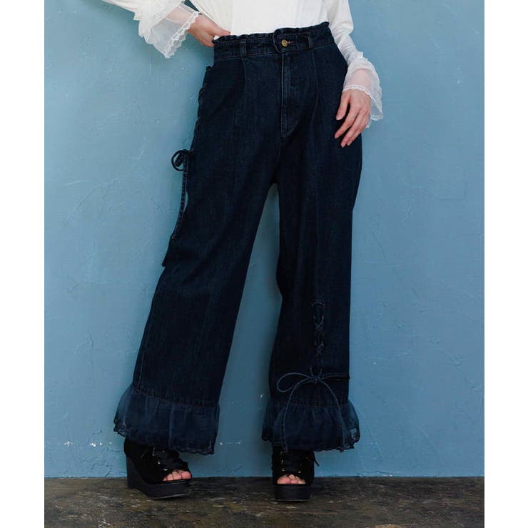 インディゴ | 裾レースストレートデニムパンツ | axes femme