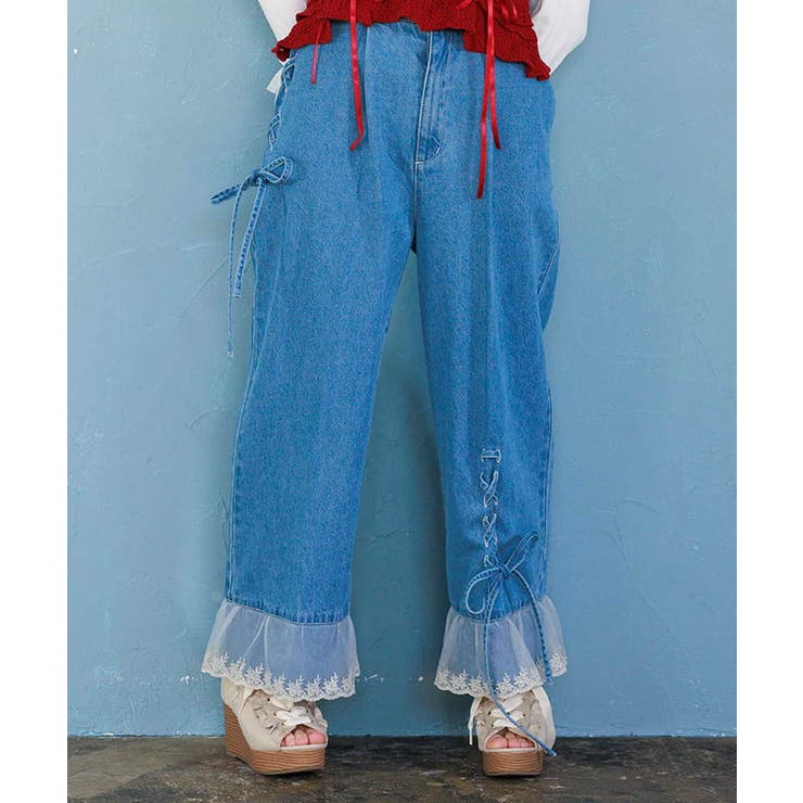 ウォッシュ | 裾レースストレートデニムパンツ | axes femme