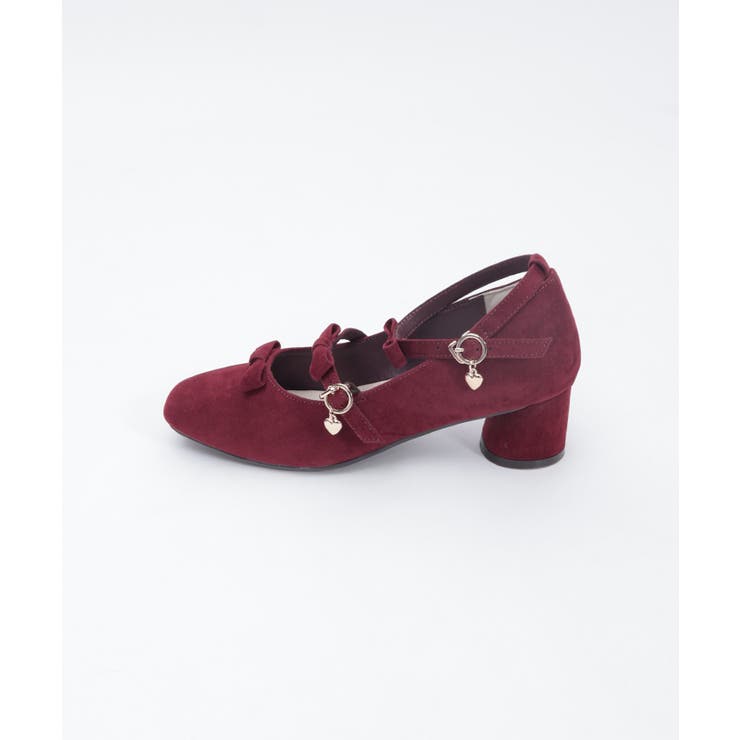 ワインレッド スエード リボン付き パンプス スクエアトゥ連リボンパンプス[品番：IGAW0006793]｜axes femme